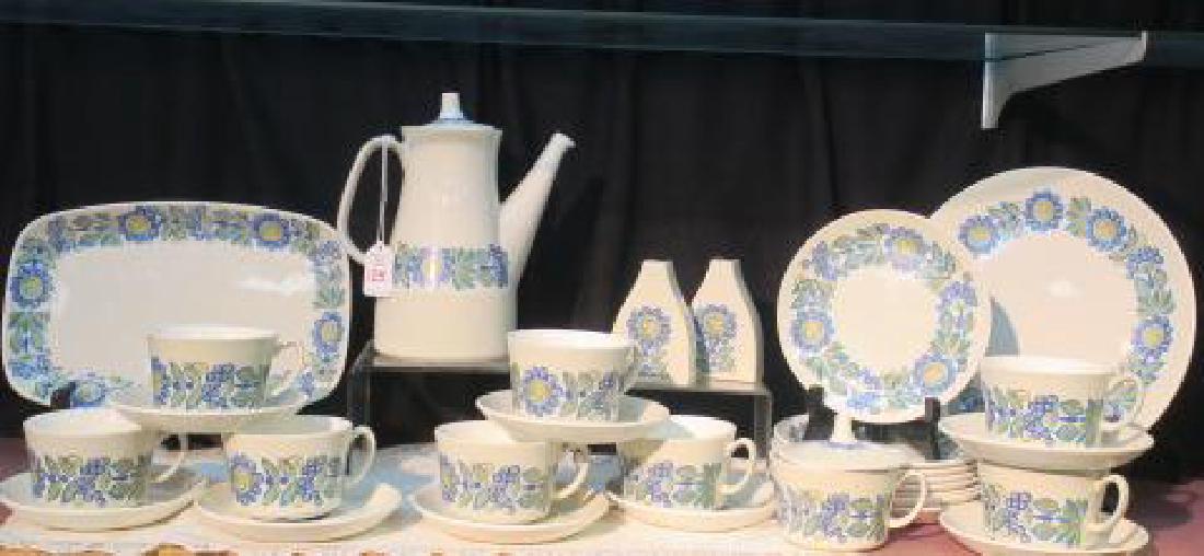 Mid Century FIGGJO FLINT "Tor Viking" Dinnerware:: Mid Century FIGGJO FLINT "Tor Viking" Dinnerware: From Norway. Includes 10 1/2" Plate, Eight 6 3/4" Plates, 9 Cups, 8 Saucers, Salt & Pepper Shakers, 8 1/2"T Coffee Pot, 11 1/4" X 7 1/2" Platter, Butt