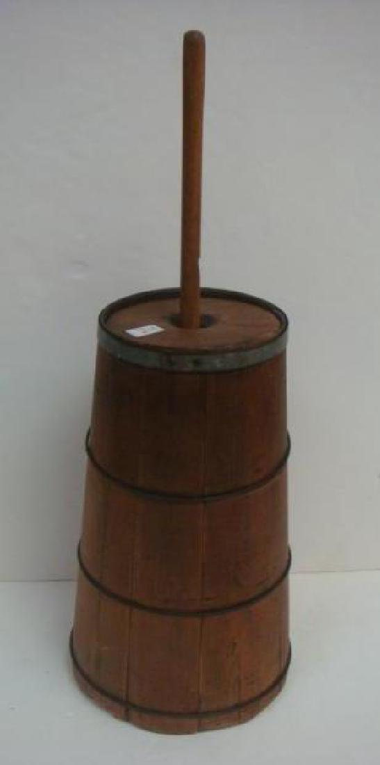 18th C. Pine Butter Churn with Dasher:: 18th C. Pine Butter Churn with Dasher: Fitted Splash Lid with Pole Cross Board Dasher. Metal Wire Bands Hold Tapered Staved Body Together. 21"T to Lid. (200-350)