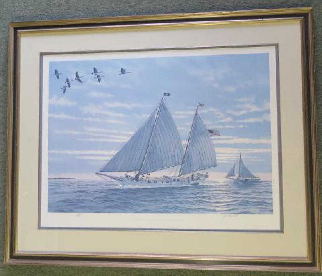 JOHN McLEOD "The Little Johnnie Bugeye" 207/950 S/N:: JOHN McLEOD "The Little Johnnie Bugeye" 207/950 S/N: The Little Johnnie Bugeye Coming Home to Solomon's. Noted Chesapeake Bay Marine Artist. Image 20" x 28", Double Matted and Framed to 31" x 38" (400