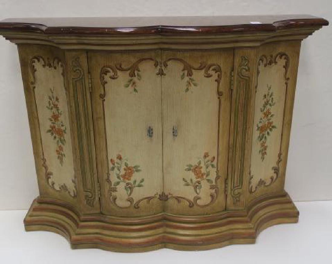 Floral Painted Shaped Edge Entry Hall Cabinet:: Floral Painted Shaped Edge Entry Hall Cabinet: Shaped Cabinet with Flat Back. Unpainted Top. Base has Double Doors that Open to Shelf Interior. Antiqued Finish on Base with Handpainted Scrolls and Flo