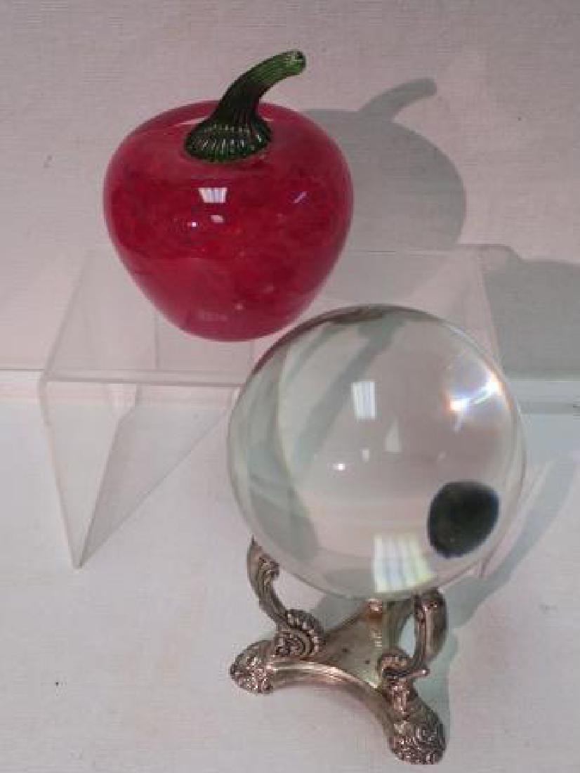 Crystal Ball & OGLEBAY Art Glass Apple:: Crystal Ball & OGLEBAY Art Glass Apple: Start your own Fortune Telling Business with This Pure Crystal Ball on Silver Stand to Gaze into the Future. 5" x 4" Art Glass Red Apple with Green Stem by OGLE