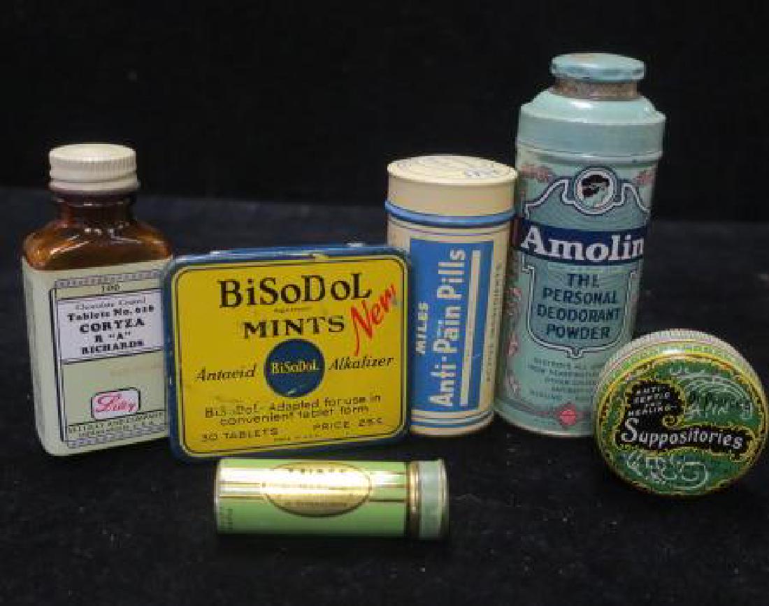 Lot of Vintage Patent Medicines, Dr. PIERCE'S :: Lot of Vintage Patent Medicines, Dr. PIERCE'S : Dr. Pierce's Suppositories Purifying, Deodorizing & Healing, AMOLIN Deodorant Powder for the other end, LILLY Chocolate Tablets No 616 Quinine Tablets, 