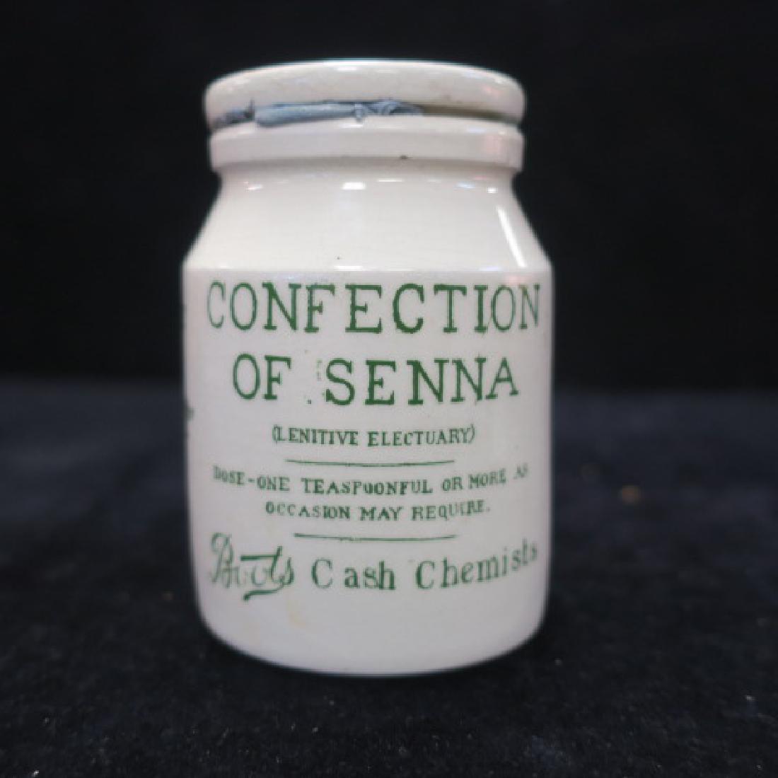 BOOTS CASH CHEMISTS, CONFECTION OF SENNA Pot:: BOOTS CASH CHEMISTS, CONFECTION OF SENNA Pot: Porcelain 3" Pot with Lid. Decorated with Senna Plant and Dosage Directions. Copyright in Great Britain and USA by Jesse Boot. Carefully Prepared from Pur