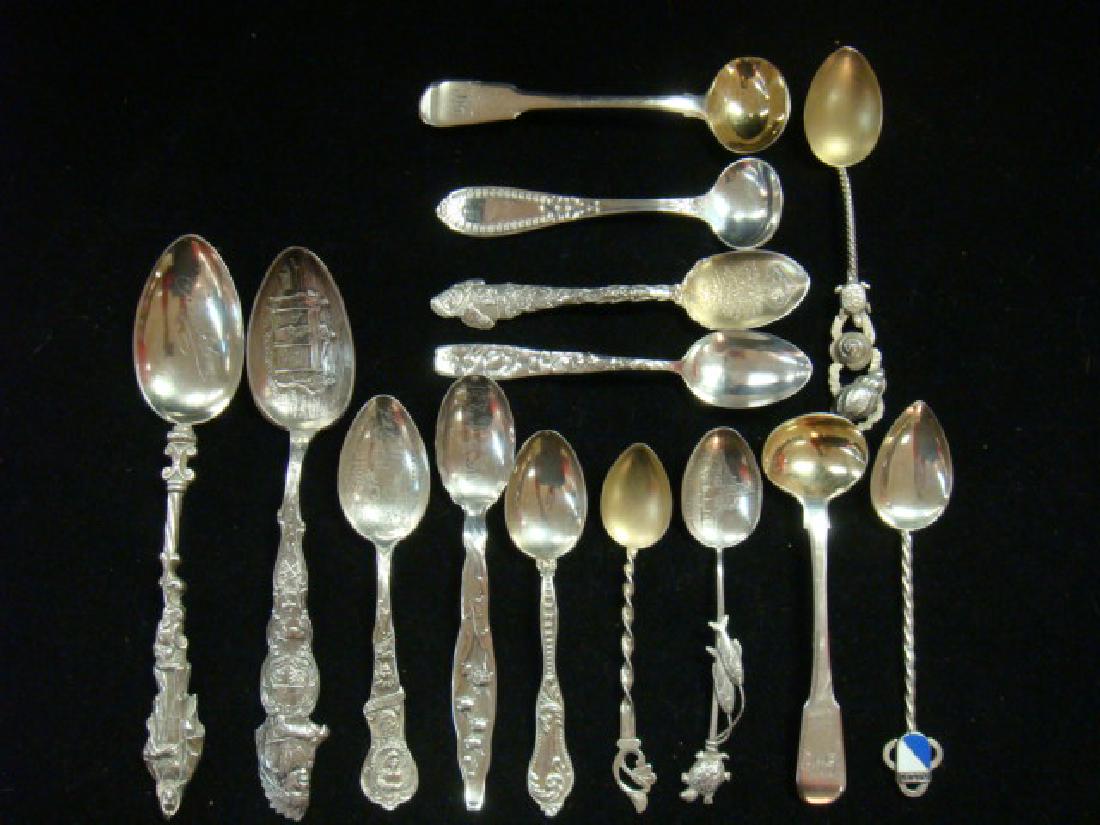 Assorted Sterling Collector, Demitasse, Mustard Spoons: Assorted Sterling Collector, Demitasse, Mustard Spoons Pair of Georgian English Mustard Spoons with Gold Wash Bowls. 1815 Date Mark, Makers Sarah & John William Blake. Nine Assorted Demitasse Spoons.