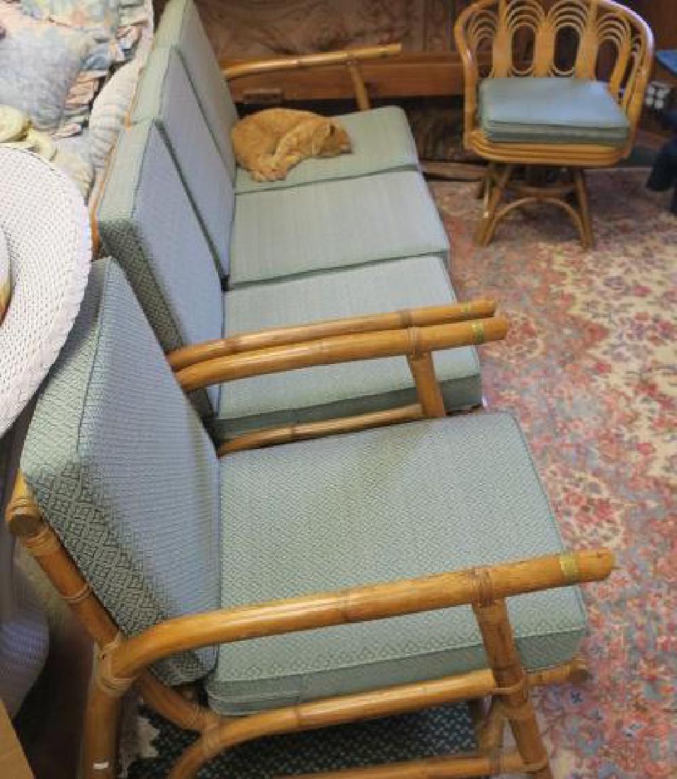Vintage Four Piece Rattan Seating Arrangement:: Vintage Four Piece Rattan Seating Arrangement: 3 Piece Modular Sectional Sofa That can be Used Separately, Plus Matching Arm Chair. Loose Green Upholstered Cushions. (200-400)