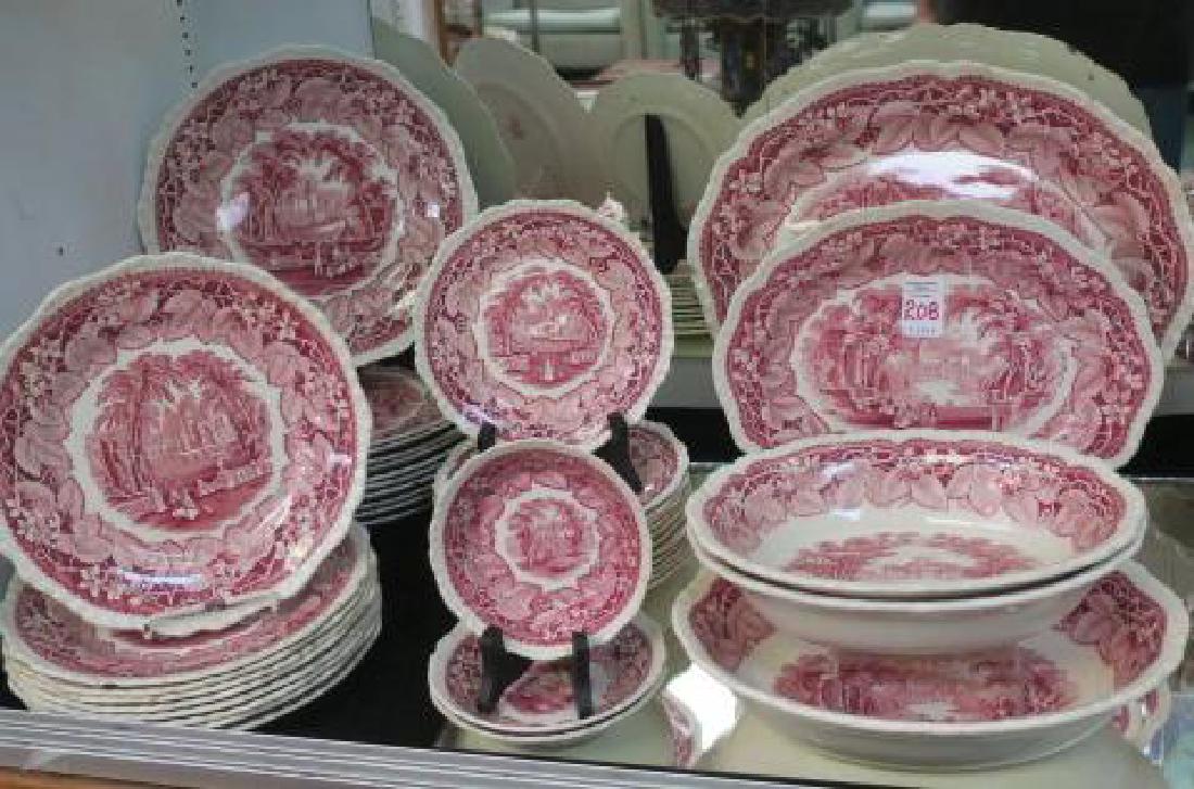 MASON'S Vista Ironstone Red Transferware, 56 Pieces:: MASON'S Vista Ironstone Red Transferware, 56 Pieces: Includes Eleven 10" Plates, Nine 9" Salad and Twelve 6 3/4" Bread Plates, Three 5" Fruit Bowls, Cup, 3 Saucers, Seven Double Handled Soup Bowls, 4 