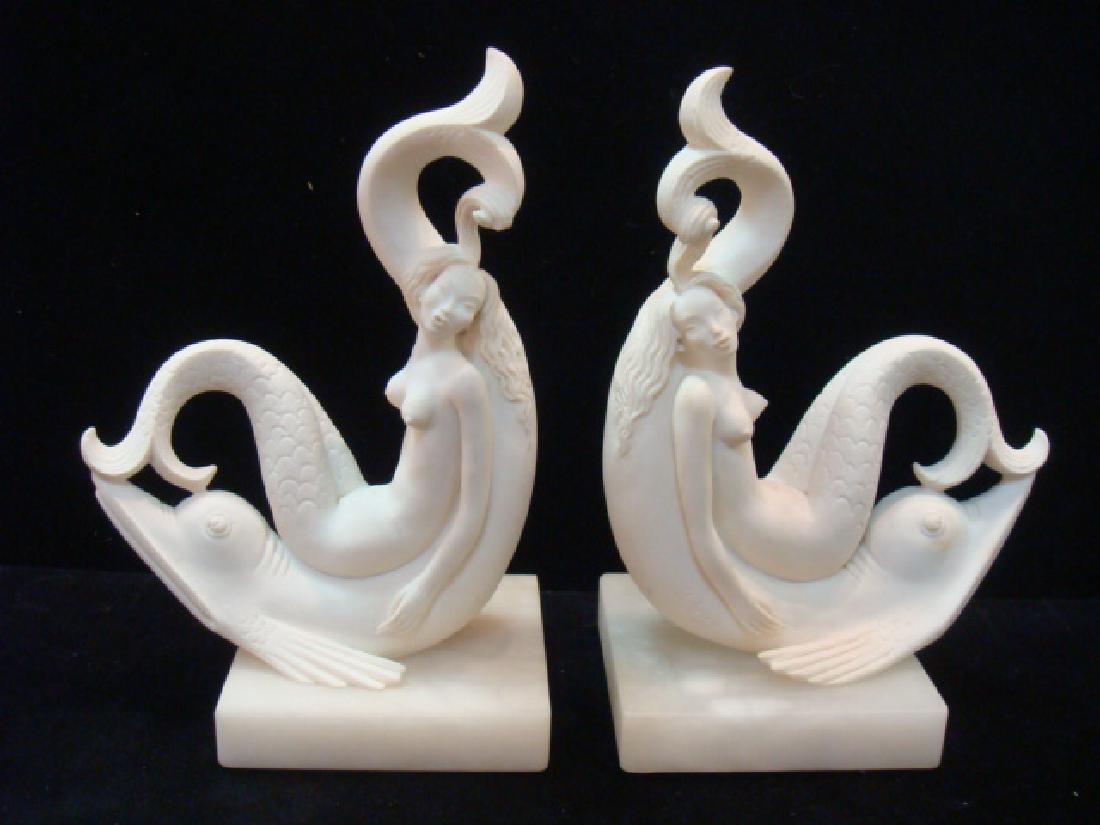 Pair of MERMAID Bookends Signed A. GIANELLI:: Pair of MERMAID Bookends Signed A. GIANELLI: Owner of Egregia Factory Opened in 1944 in Italy. B 1907. Cast Circa 1968 From Original Molds Made by this Sculptor, Made of a Composition of Alabaster, Ma
