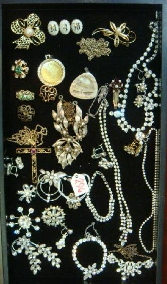 Collection of Ladies Costume Jewelry:: Collection of Ladies Costume Jewelry: Rhinestone Pins, Earrings, Bracelets and Necklaces with Royal of Pittsburg, Coro and Amco Marks on Some. Goldtone Cross, Bicentennial Coin Pendant, M & S Pendant