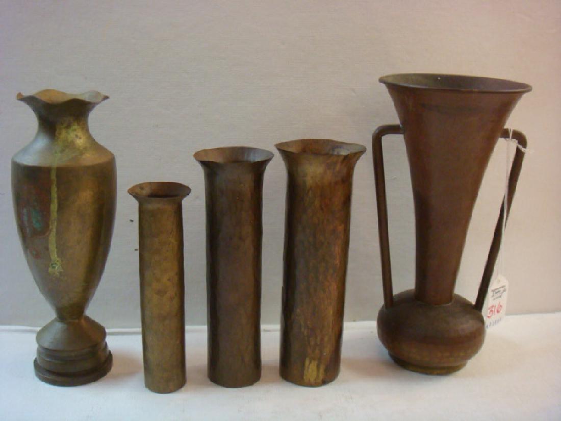 Five Hand Hammered Russian Metal Vases:: Five Hand Hammered Russian Metal Vases: Three Cylindrical Vases with Flared Tops are 6" to 7 1/8"T. Dovetail Seams. Flared Double Handled Vase with Russian Hallmark is 12"T. Ruffled Top Vase with Weig