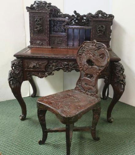 Ornately Carved Meiji Japanese Writing Desk W Chair Apr 22