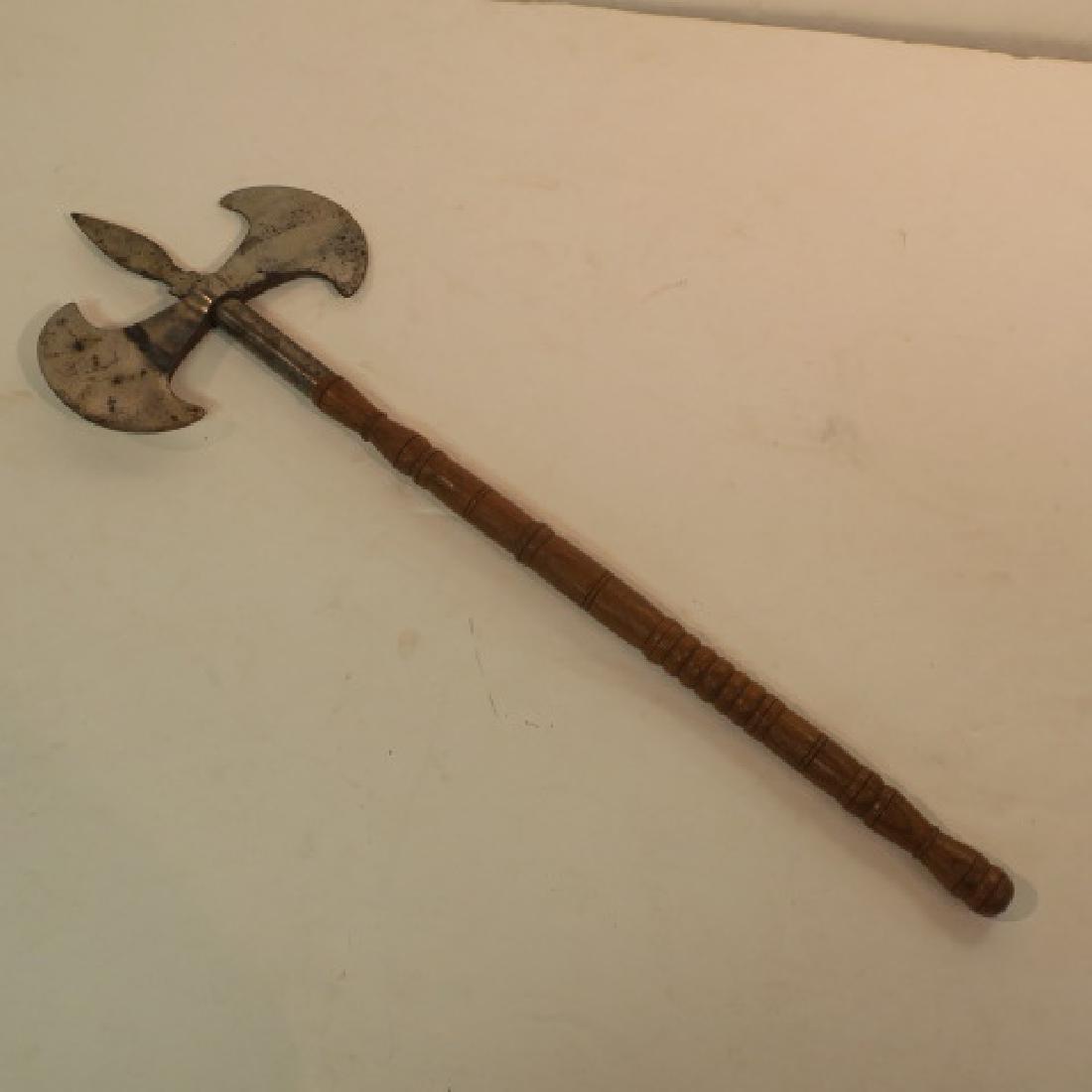 Double Headed Battle Axe, Cuts Both Ways:: Double Headed Battle Axe, Cuts Both Ways: 10" x 10" Head with Spear Point and Pair of Axe Head. 20" Long Turned Wood Handle, 30" LOA. (100-200)
