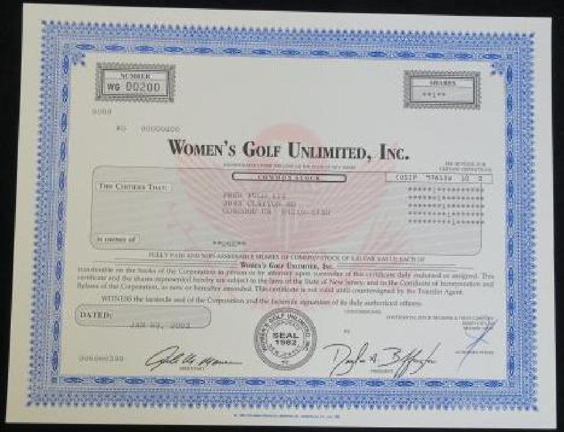 Scripophily; WOMEN'S GOLF UNLIMITED, INC.: Scripophily; WOMEN'S GOLF UNLIMITED, INC. Certificate for One Share of Common Stock, 01/03/03 Markets Women's Golf Equipment and Accessories under the Lady Fairway, S2 and Nancy Lopez Tradenames. Seem