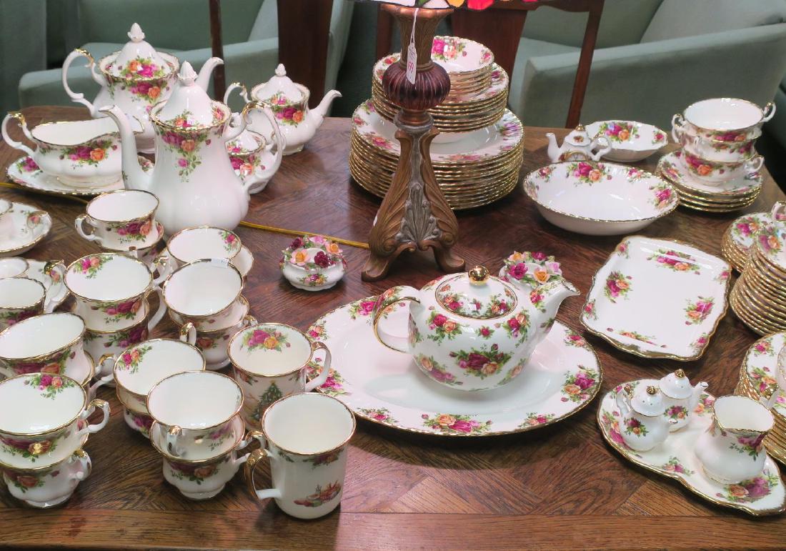 Large Set ROYAL ALBERT "Old Country Roses" Tableware:: Large Set ROYAL ALBERT "Old Country Roses" Tableware: 79 Pieces includes 12 Dinner, 10 Salad and 6 Bread Plates, 6 Fruit Bowls, 14 Cups and Saucers, Coffee Pot, 3 Assorted Size Teapots, 2 Mugs, Oval V