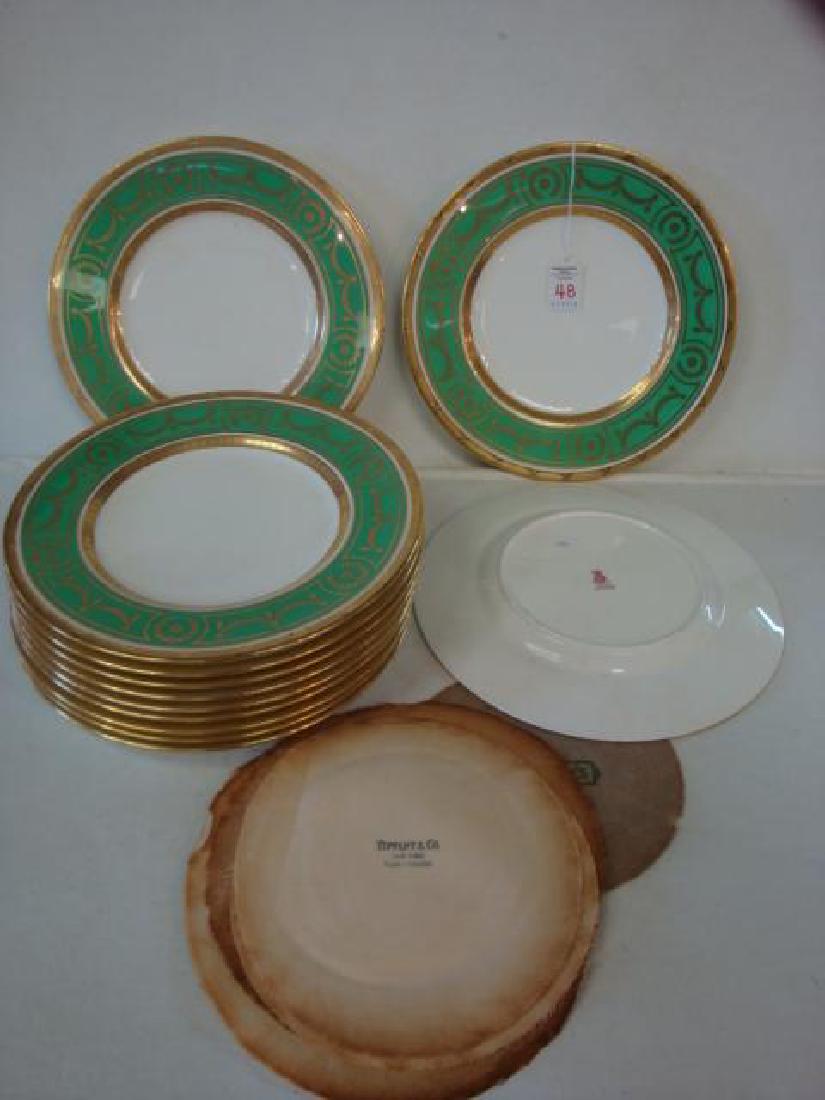 Twelve MINTONS for TIFFANY & CO. Dinner Plates:: Twelve MINTONS for TIFFANY & CO. Dinner Plates: Gold Rims, Verge, Wreaths and Swags on White Ground with Green Band. Ca 1902-1912 Mark. 10 1/2"D. No Chips, Cracks or Repairs Noted. Pattern H4535. (800