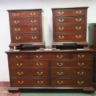 HENKEL HARRIS Four Pieces Mahogany Bedroom Furniture:: HENKEL HARRIS Four Pieces Mahogany Bedroom Furniture: 9 Drawer Triple Dresser with Custom Glass Top. Measures 64"W X 22"D X 35"T. Pair of 4 Drawer Night Stands Measure 30"T with 45" X 35" Top. Solid M