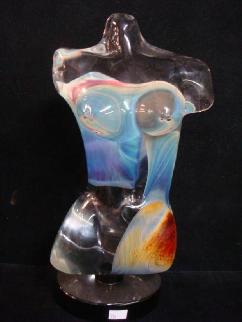 Dino Rosin MURANO Glass "Aphrodite" Sculpture:: Dino Rosin MURANO Glass "Aphrodite" Sculpture: Loredano Dino Rosin b.1948. Italian Glass Sculptor. Clear Female Torso with Multicolor Splotches. Mounted on Black Glass Base, Signed & Personalized. Stu