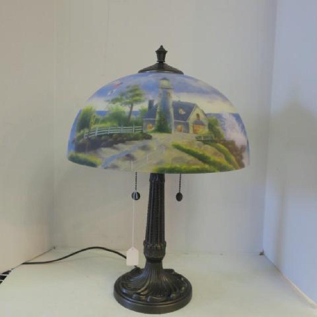 Table Lamp with Reversed Painted Shade:: Table Lamp with Reversed Painted Shade: Metal Lamp Base with Corn Cob Look Stem. Hand Painted Frosted Glass Dome Shade of Lighthouses by the Sea. Lamp Finial. Two Light with Pull Chains. 21 3/4"T. 15 