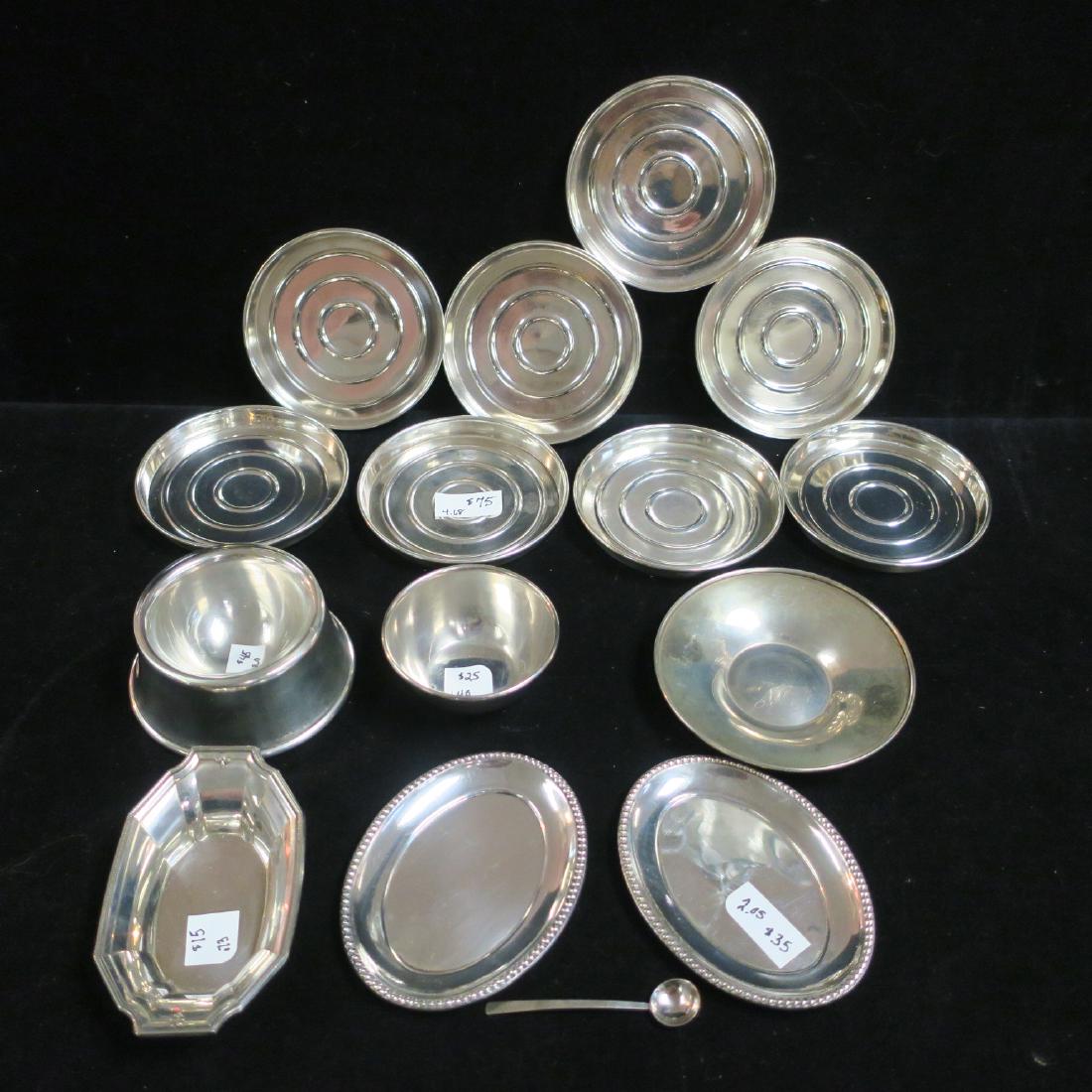 Sterling Assorted Coasters, Nut & Salt Dishes, Spoon:: Sterling Assorted Coasters, Nut & Salt Dishes, Spoon: Twelve Coasters (One Weighted), 13 Nut Dishes, 2 Beaded Edge 3 1/2" Oval Trays, 3 1/2" Oval Gorham Salt Dish, Steiff Williamsburg Restoration Tren