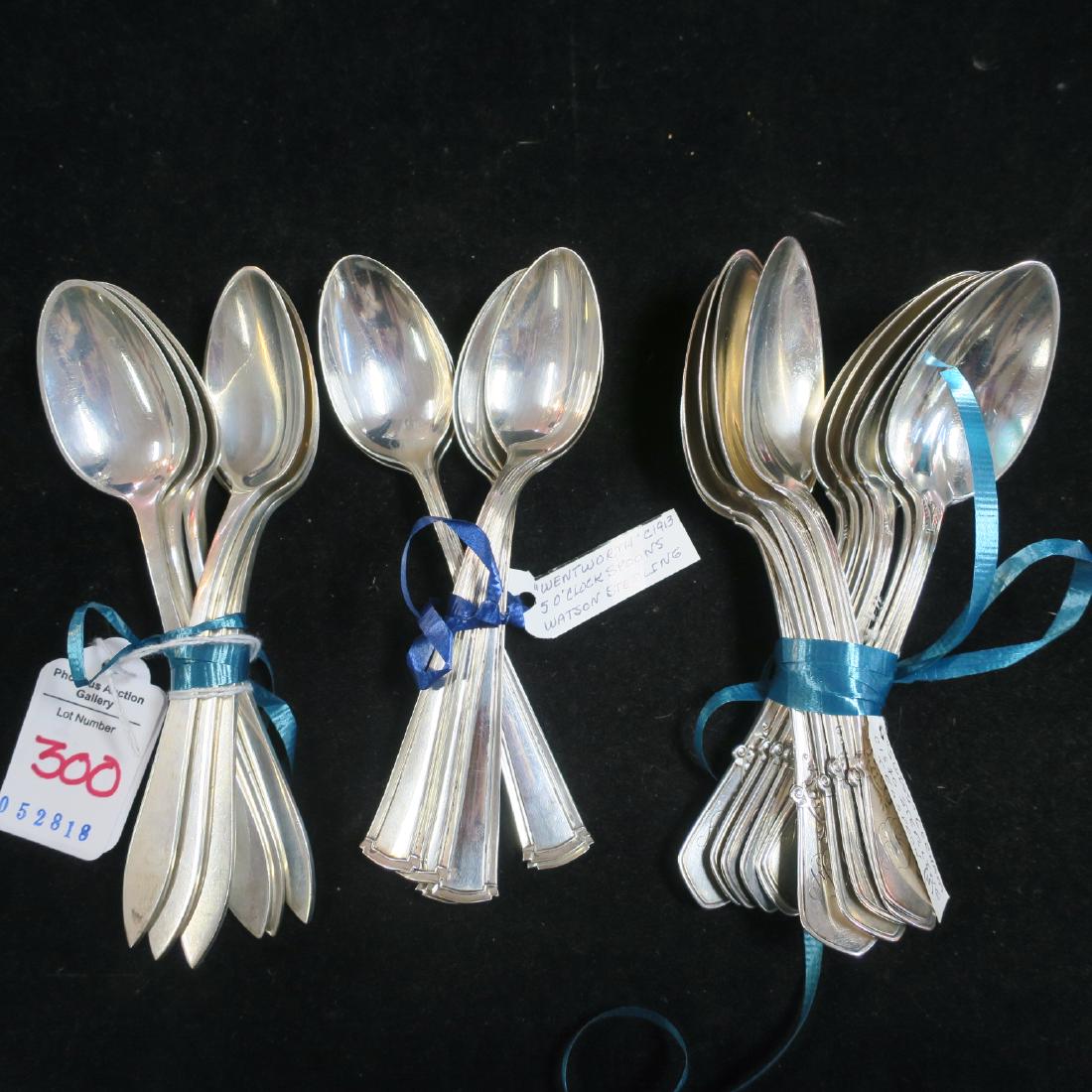 GORHAM, STEIFF & WATSON Sterling Silver Spoons:: GORHAM, STEIFF & WATSON Sterling Silver Spoons: Eleven Gorham "Swiss" Teaspoons, Six Steiff "Clinton" 5 O'clock Spoons and Six Watson "Wentworth" 5 O'clock Spoons. 17.1 oz. 15.56 OZT. (300-400)