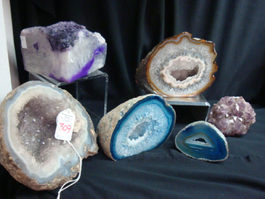 Six Geodes, Polished Quartz with Amethyst Crystals:: Six Geodes, Polished Quartz with Amethyst Crystals: Two Polished End Geodes with Amethyst Crystals. 1/4 Cut, Polished and Rough Geode and Amethyst Crystals. 4" Amethyst and Quart Cluster. (100-300)