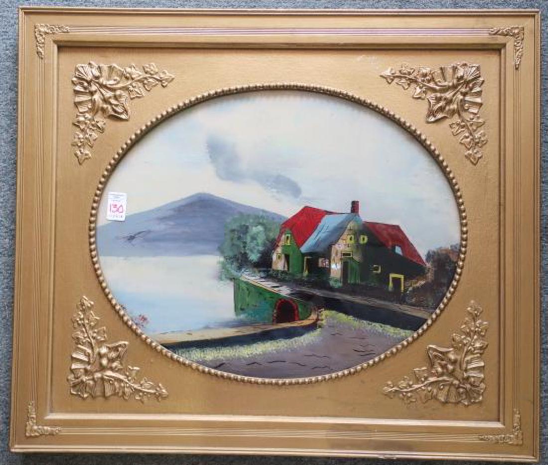 Scenic Landscape Reverse Painting on Glass:: Scenic Landscape Reverse Painting on Glass: Technique Around Since Byzantine Empire. A Reverse of Normal Procedure in that Background is Painted Last. Highlighted with Inlaid Mother of Pearl. Bucolic 