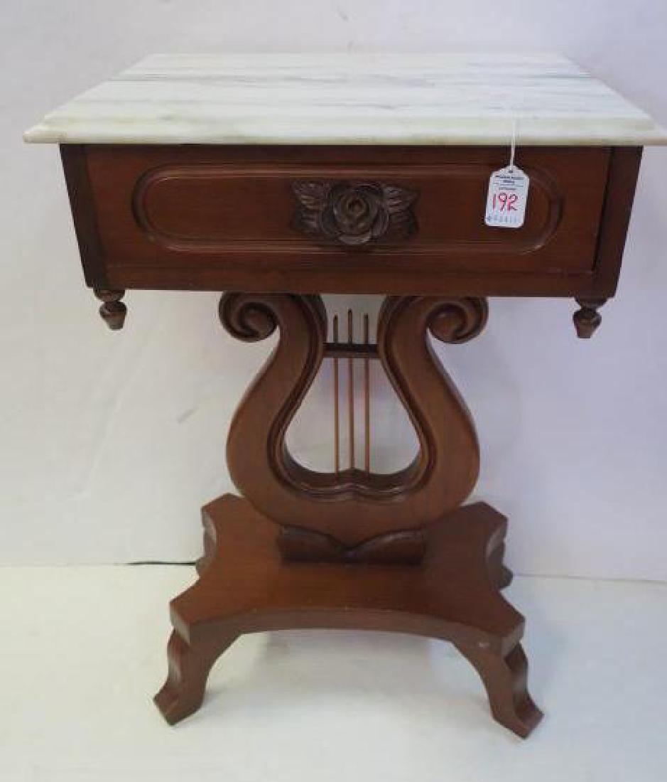 Marble Topped Harp Side Table On 4 Legged Platform