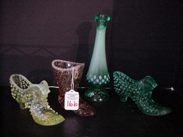 Fenton Colored Glass Hobnail Shoes and V: Fenton Colored Glass Hobnail Shoes and Vase: Includes Green Opalescent Swung Bud Vase, Two Cat Faced Slippers in Green and Vaseline, One Amber Boot.