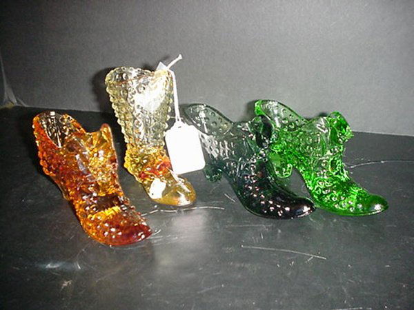 Three Fenton Hobnail Glass Shoes and Boo: Three Fenton Hobnail Glass Shoes and Boot: Three Shoes with Cat Faces- Blue, Green and Amber. Amber Boot is 4"T, Shoes 3"T.
