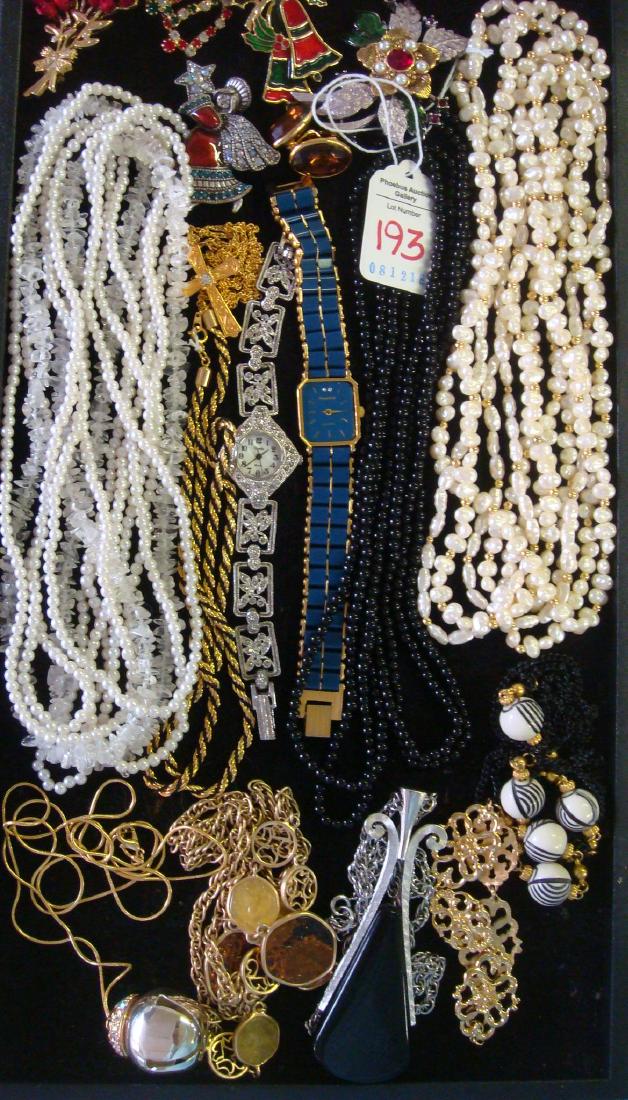 Assemblage of Ladies Costume Jewelry:: Assemblage of Ladies Costume Jewelry: Freshwater Pearl and Bead Necklaces. Christmas Lapel Pins and Bell Earrings. XANASU Marcasie Watch, PANETACH Wrist Watch, Metal Bracelet, Cross and Pendant. Entic
