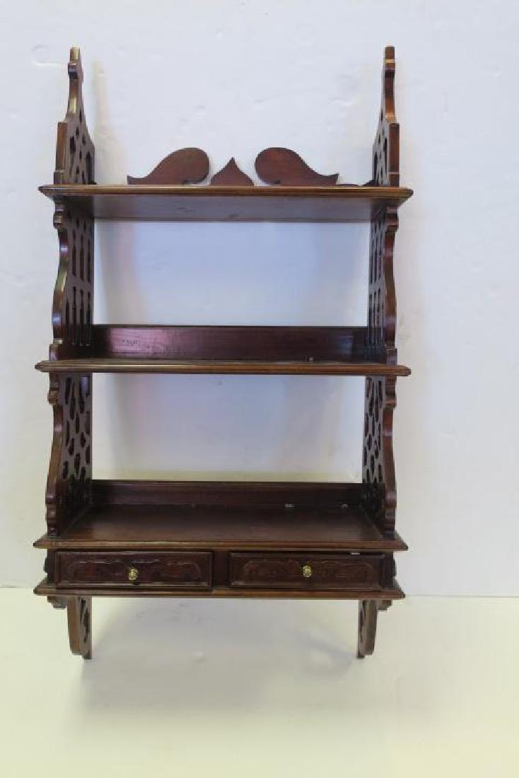 Three Tiered Mahogany Wall Curio Shelf with Drawers: (1 of 5)