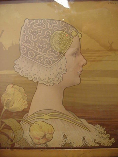 Paul Berthon, Art Nouveau Lithograph: 19: Paul Berthon, Art Nouveau Lithograph: 1901 by Ullman Mic Co. New York, NY. 15"x 14" Dutch Beauty Against Windmill Landscape, in 1" Light Wood Satinwood Frame. Water stain RT Top, Otherwise Very Good C