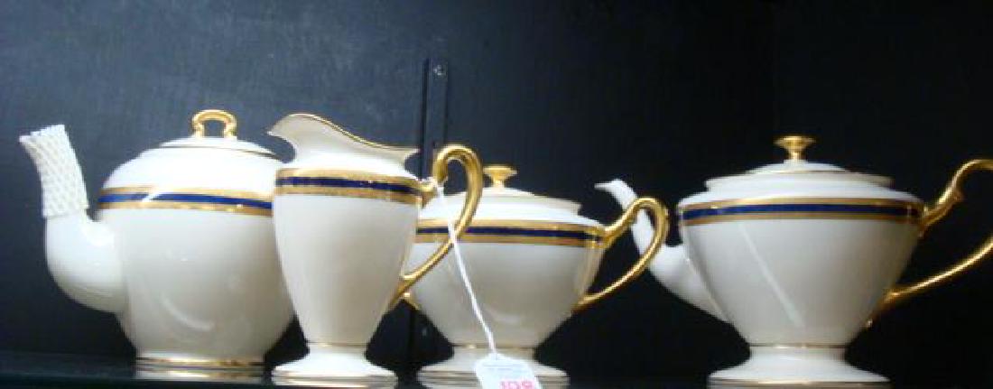 LENOX P72 Cobalt Blue 4 Piece Tea Set:: LENOX P72 Cobalt Blue 4 Piece Tea Set: Cobalt and Gold Encrusted Bands on Ivory Ground. 6"T Coffee Pot and Teapot, 4 3/4"T Lidded Sugar and 5"T Creamer. (100-200)