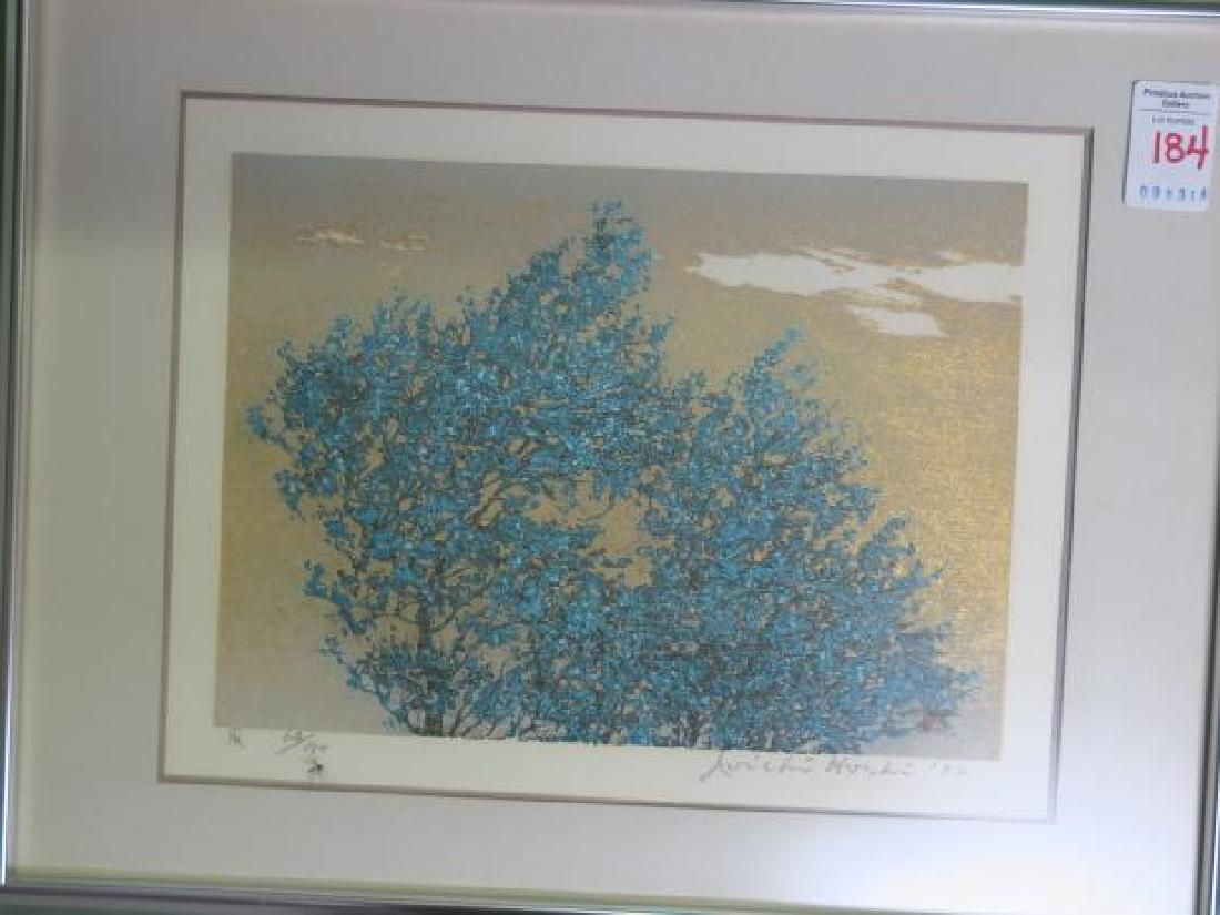 Limited Edition Woodblock Print by JOICHI HOSHI:: Limited Edition Woodblock Print by JOICHI HOSHI: Listed Japanese Print Maker, 1913-1979. From 1960's on His Theme was Trees, Which is What He is Most Famous For. Black Tree Against Gold Metallic. Fram