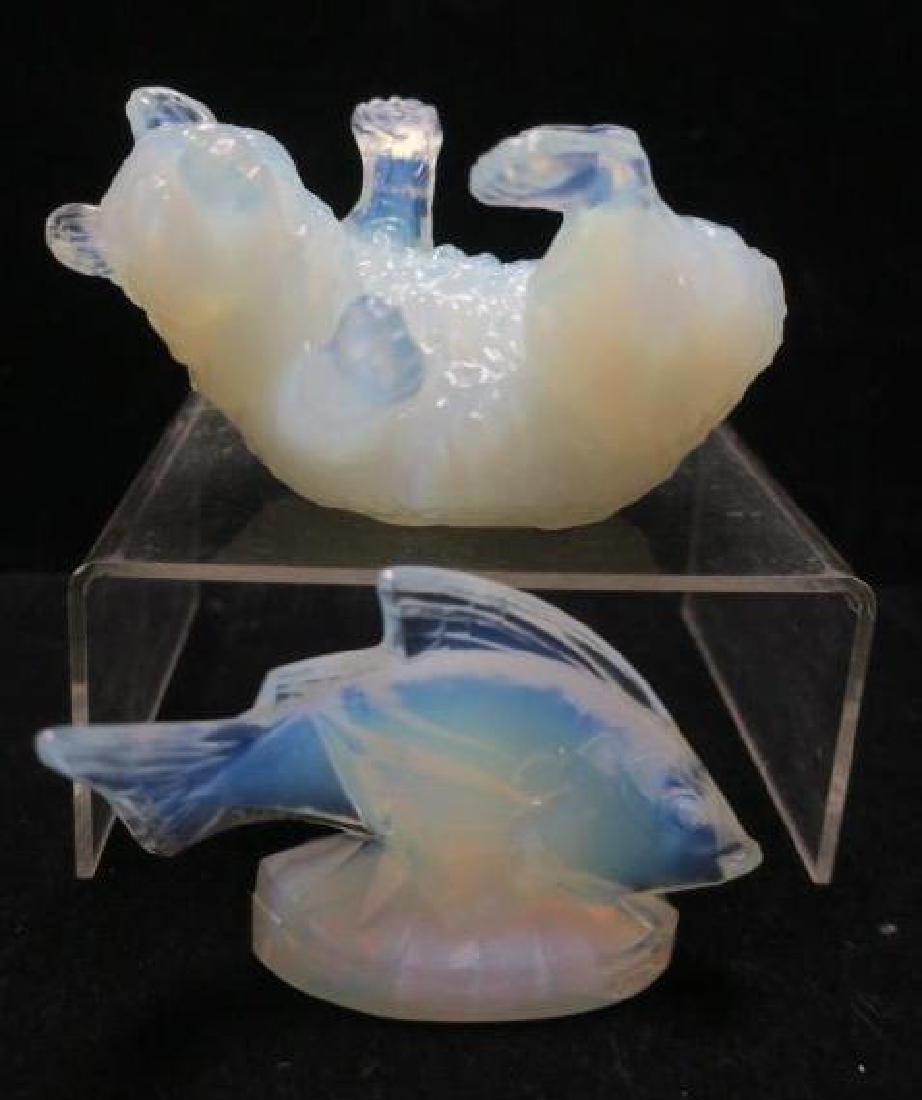 SABINO Opalescent Art Glass Bear and Fish:: SABINO Opalescent Art Glass Bear and Fish: Playful Bear on his Back is Incised Sabino Paris, measures 2 3/4"T, 4 3/4" Long. Swimming Fish Figure Signed Sabino France Measures 2 7/8" T, 4 3/4" Long. Sa