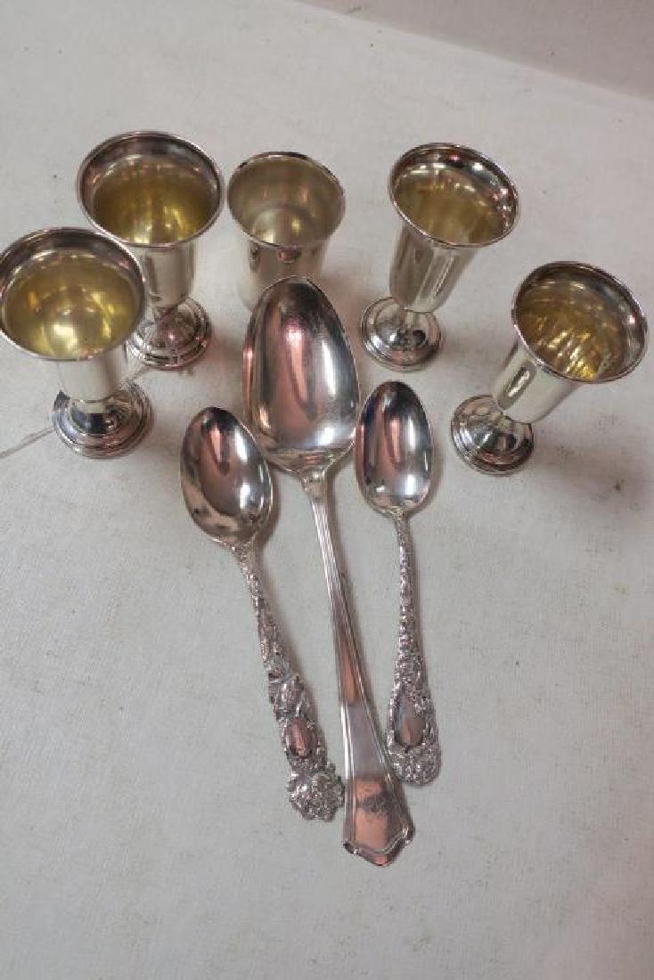 Four Sterling Silver Cordials and Three Spoons:: Four Sterling Silver Cordials and Three Spoons: Four N.S.Co Sterling Cordials with Weighted Bases are 3 1/8"T. Flared Top Shot is 2"T. Alvin "Bridal Rose" Teaspoon, Baily, Banks & Biddle Teaspoon, Wal