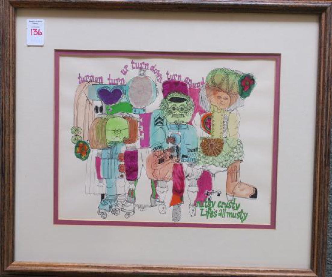 MARGE WANSKY Whimsical Ink Wask Assemblage:: MARGE WANSKY Whimsical Ink Wask Assemblage: Working Texas Artist Now Goes Under the Name MARJORIE MOORE. 3 Ladies are a Collage of Accumulated Pieces on Paper. Roller Skated and Cowboy Boots Accented