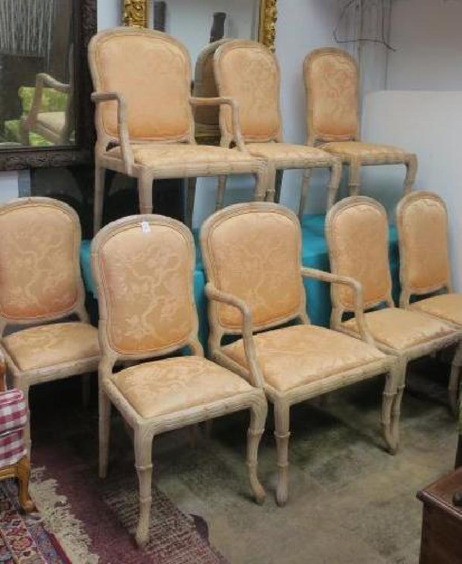 Eight Decorator Dining Chairs with Peach Upholstery:: Eight Decorator Dining Chairs with Peach Upholstery: Chairs Include Two Arm & Six Side. Shield Backs with Decorative Pickled Wood Carved Frames. Upholstered in Gentle Peach Damask with Branches of Lot