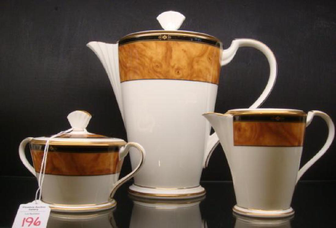 NORITAKE "Cabot" Three Piece Coffee Set:: NORITAKE "Cabot" Three Piece Coffee Set: Coffee Pot with Lid is 7 1/2"T, Creamer and Lidded Sugar. Bone Ground with Brown Marble Look Border with Black Band, Gold Accents. (100-300)