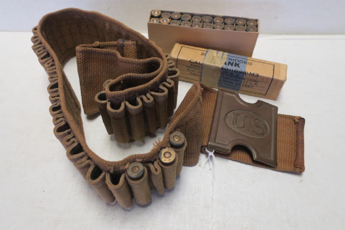 US Army Ammunition Belt, CA 1898: 23 KRAG BLANK RDS.: US Army Ammunition Belt, CA 1898: 23 KRAG BLANK RDS. Canvas Belt with 45 Loops for Cartridges with Brass "US" Buckle by ANSON MILLS, PAT FEB 1881, T.C. ORNDORFER SOLE MANF, WORCESTER MASS, USA. Adjust
