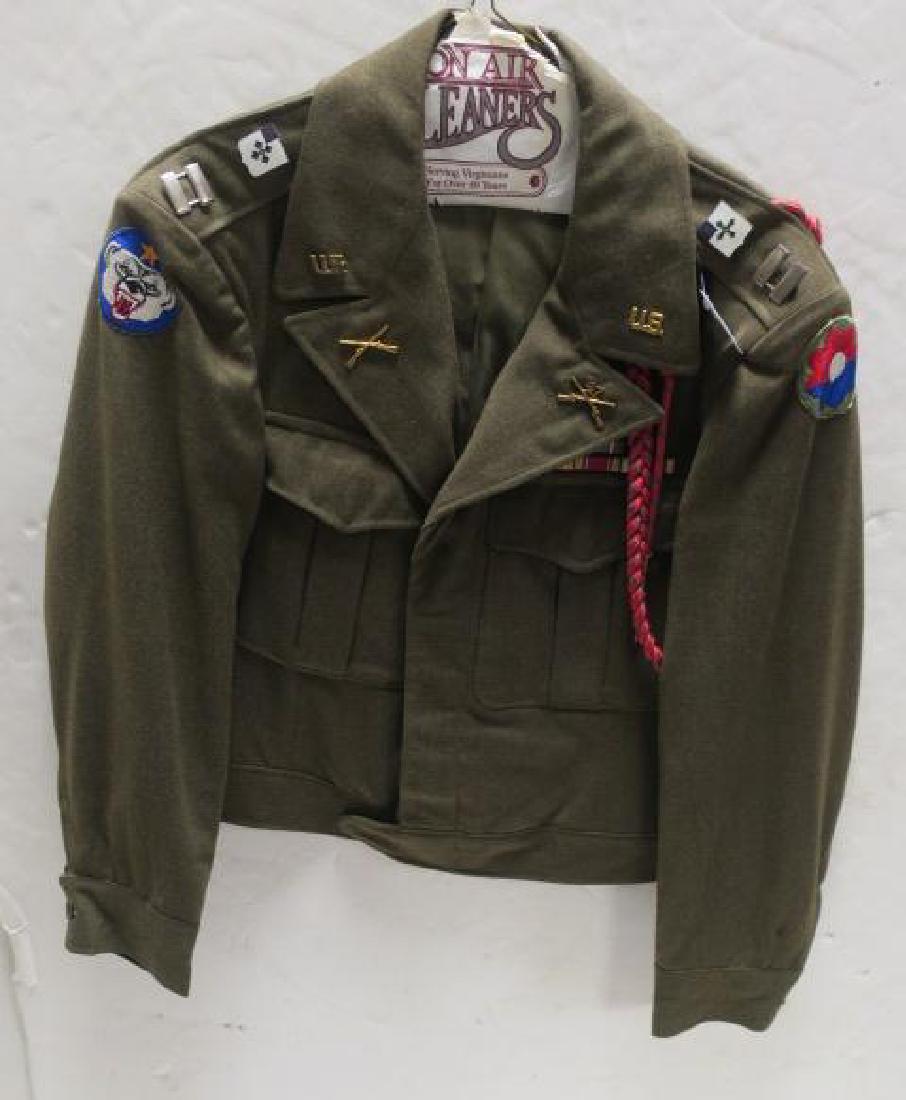 9th Div., 47 Inf. Regt. "Ike Jacket" MFG 4/14/45, 38R:: 9th Div., 47 Inf. Regt. "Ike Jacket" MFG 4/14/45, 38R: Alaska Command Combat Patch, Ribbons; ETO, Pacific Campaign with Star, WW II Victory Medal, Occupation Medal. Captain Rank Insignia. Excellent Co