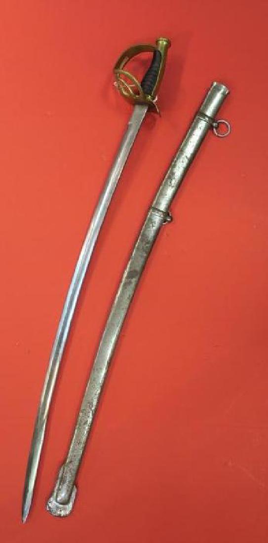 Civil War Replica Cavalry Saber with Scabbard, INDIA:: Civil War Replica Cavalry Saber with Scabbard, INDIA: Used by Many Reenactors, Reproduction of Cavalry Saber with Flourished Curving Brass Guard. Metal Scabbard with Large Drag (Pitted). With Leather