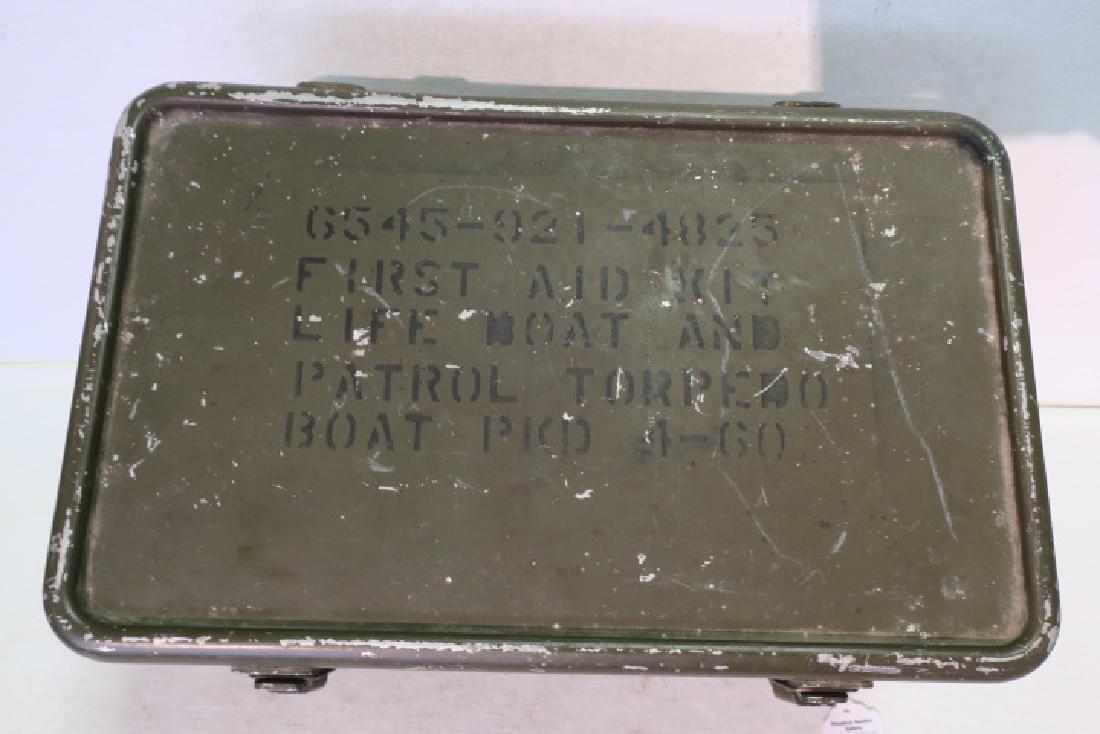 US NAVY, PATROL TORPEDO BOAT, FIRST AID KIT:: US NAVY, PATROL TORPEDO BOAT, FIRST AID KIT: Made by the ERLE P. HALLIBURTON COMPANY (I've heard of those guys) With a Tourniquet, Various Dressings, Gauze Pads and Compresses. 7" x 12" x 8". also use