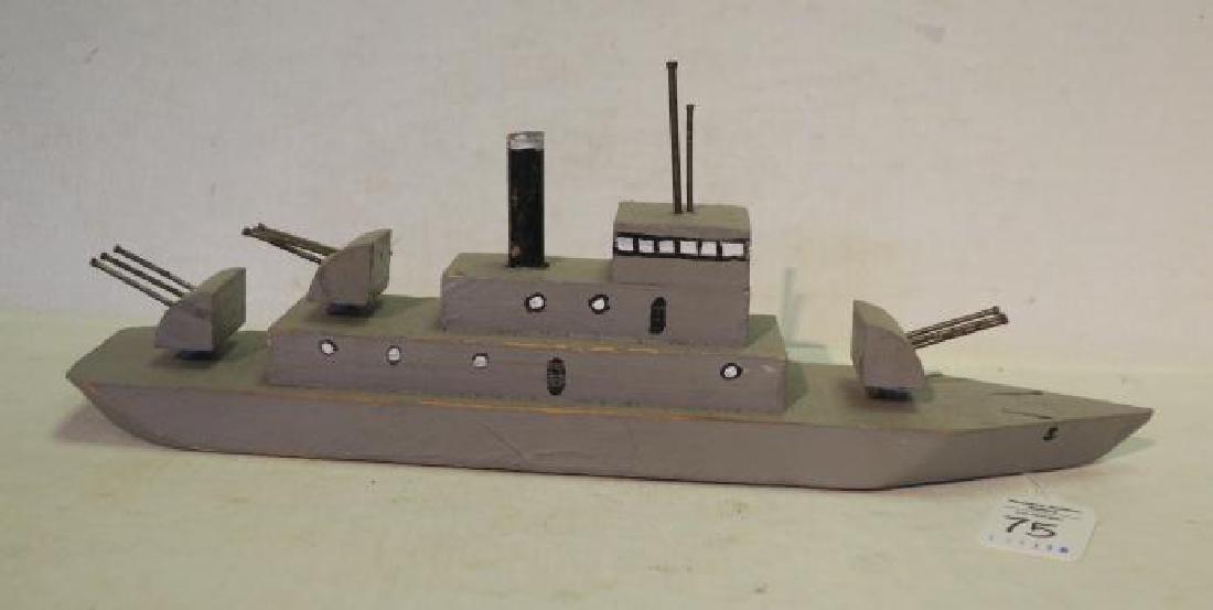 NAVY TRENCH ART, Wooden Model of Battleship:: NAVY TRENCH ART, Wooden Model of Battleship: 5" x 13" x 3" Model Ship, Hand Painted. UNSINKABLE. (50-100)