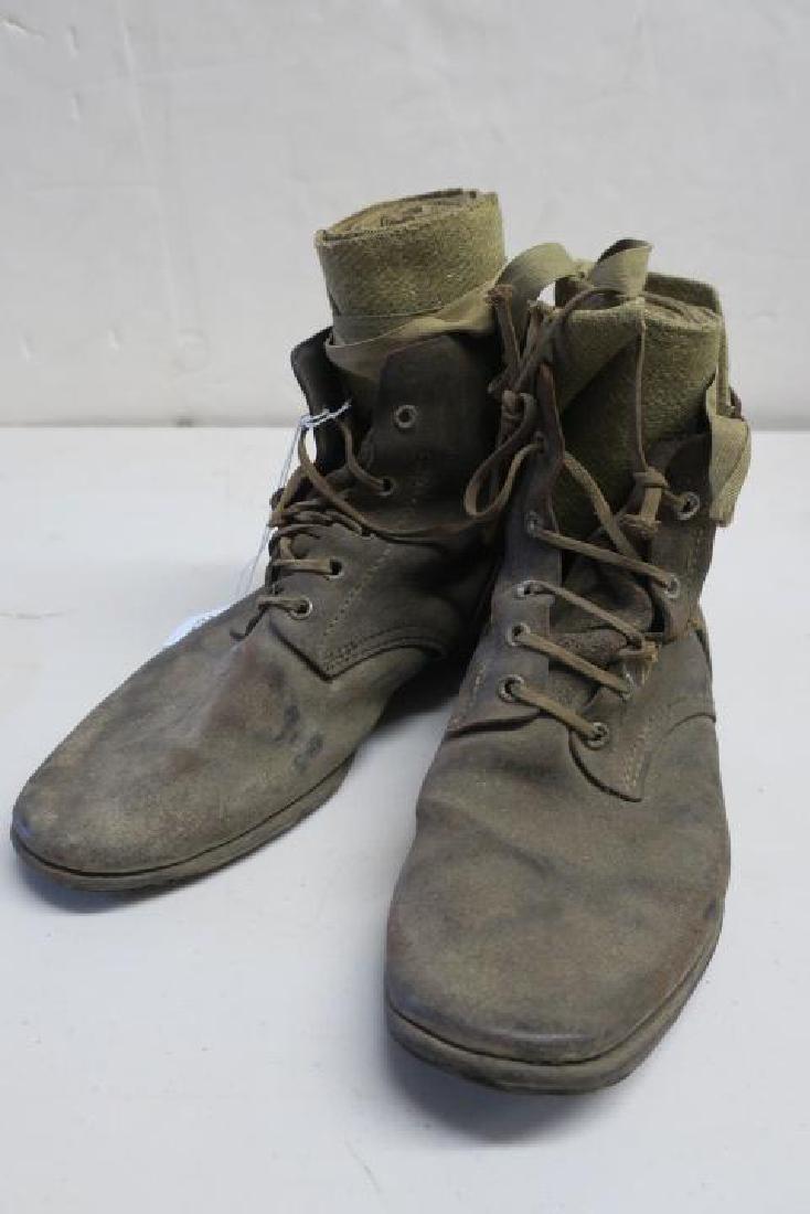 Japanese World War II Boots and Puttees:: Japanese World War II Boots and Puttees: Wool Puttees with Attachment Straps. Hobnail Leather Topped Boots, Very Worn Soles. (200-400)