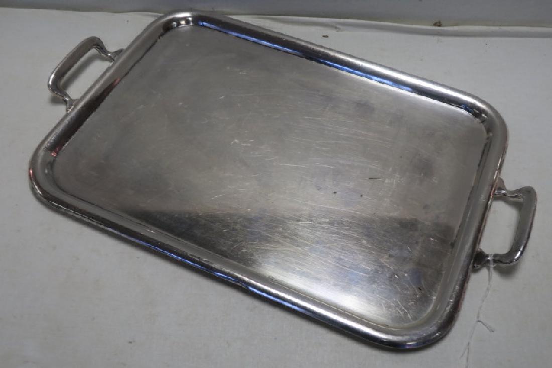 USN US Navy Double Handled Serving Tray:: USN US Navy Double Handled Serving Tray: Silver-Plate 21" x 13" Tray with Rolled Edges. S & F Co. Mark with Griffins. (100-250)
