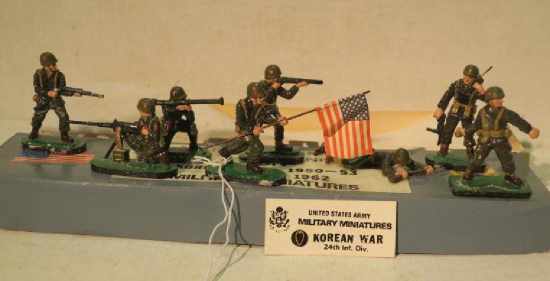 8 COLLECTIBE TOY SOLDIERS, 24th INF DIVISION, KOREA:: 8 COLLECTIBE TOY SOLDIERS, 24th INF DIVISION, KOREA: In Box, Hand painted, Flag Bearer, Machine Gunner, Walkie Talkie, Grenade Thrower, Bazooka, and Flame Thrower. Plastic, Very Good Condition. (50-10