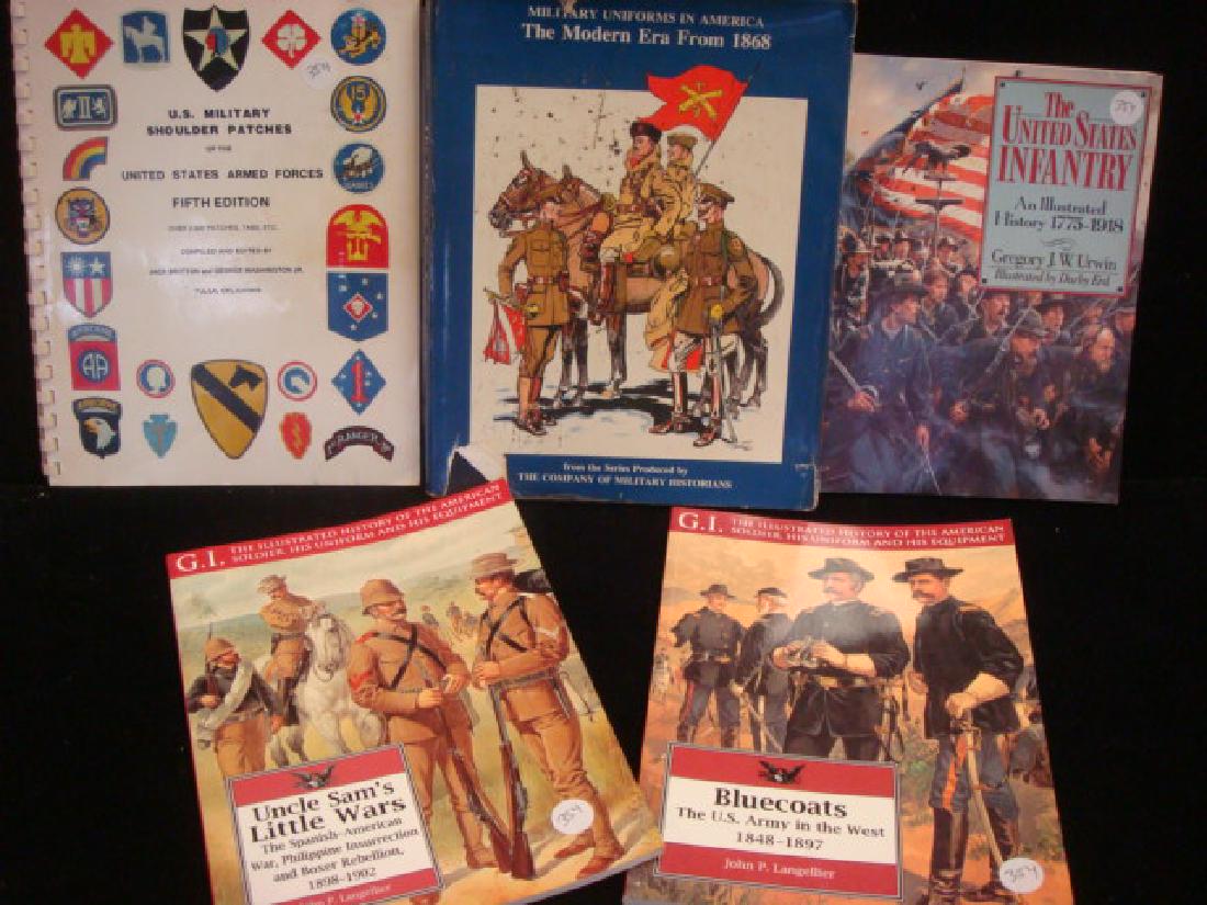 FIVE MILITARY COLLECTORS BOOKS, US ARMY UNIFORMS:: FIVE MILITARY COLLECTORS BOOKS, US ARMY UNIFORMS: MILITARY UNIFORMS IN AMERICA from 1864, GI SERIES; BLUECOATS 1848-1897 & UNCLE SAM'S LITTLE WARS 1898- 1905, UNITED STATES INFANTRY 1775-1918, US MILI