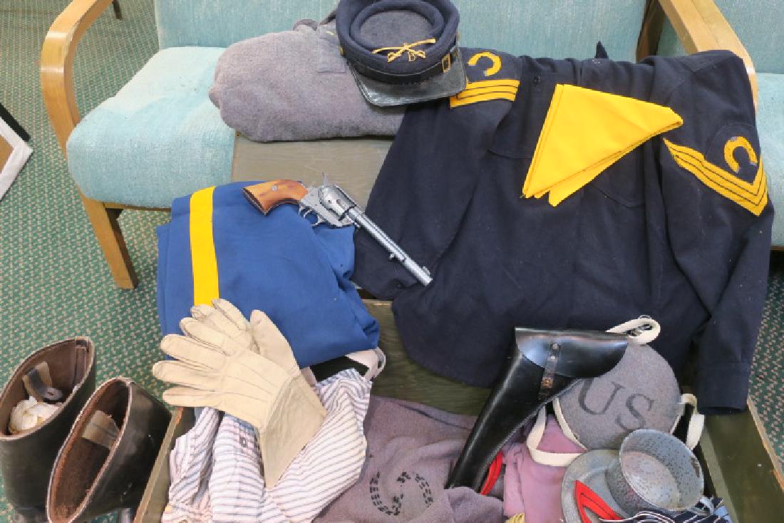 Civil War Union Cavalry Trooper Reenactor Gear: Civil War Union Cavalry Trooper Reenactor Gear Sergeant Tunic, Trousers with Yellow Strip, Suspenders, Wool Shirt, Boots, Yellow Neck Scarf, Purple Long John Galvanized Plate and Cup. Holster and Repl