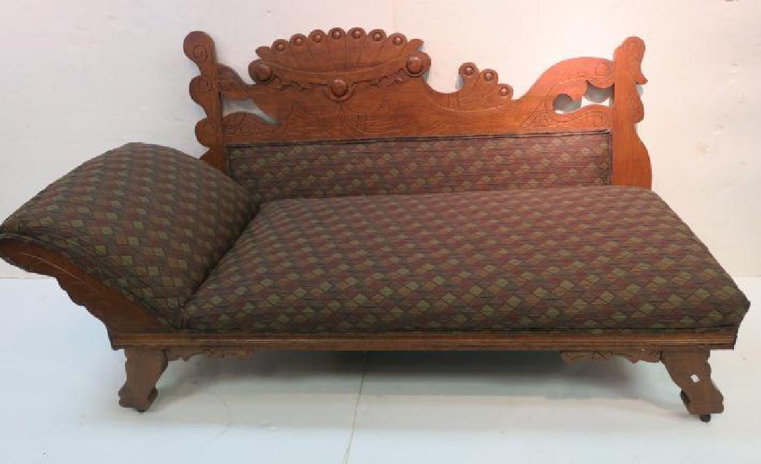 Rectilinear Eastlake Carved Oak Chaise:: Rectilinear Eastlake Carved Oak Chaise: Partially Upholstered Asymmetrical Back. Slanted Head/ Arm Rest. Diamond Pattern Upholstery. Creatively Artistic Shaped Back with Incised Linear Carving. Shaped