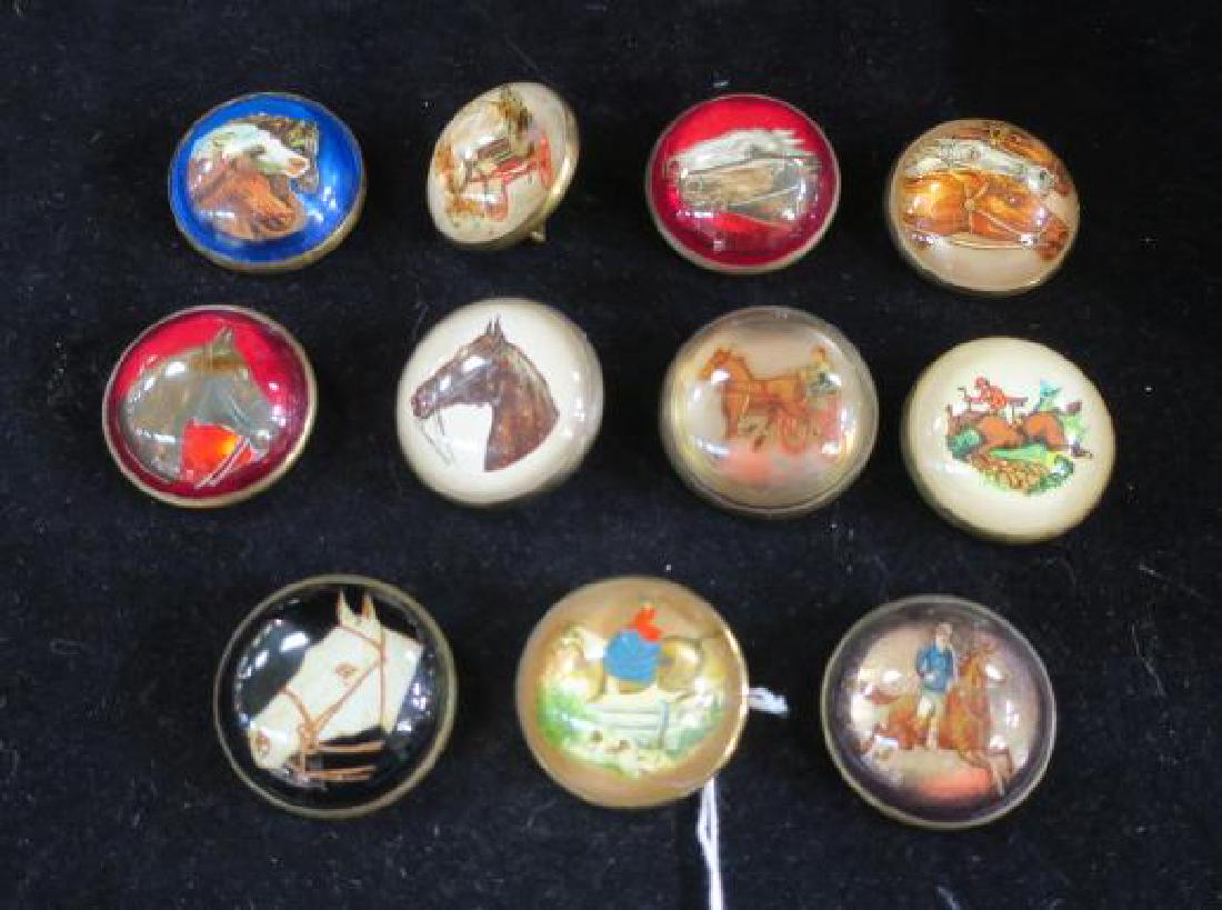 Eleven Crystal Pinback Brass Bridle Rosettes & Trivet:: Eleven Crystal Pinback Brass Bridle Rosettes & Trivet: Fox Hunting Themed Trivet. Bridle Pins Decorate your Bridle and Let you Tell it From Other's. Images of Horses and Jumpers, Equestrians and Fox H